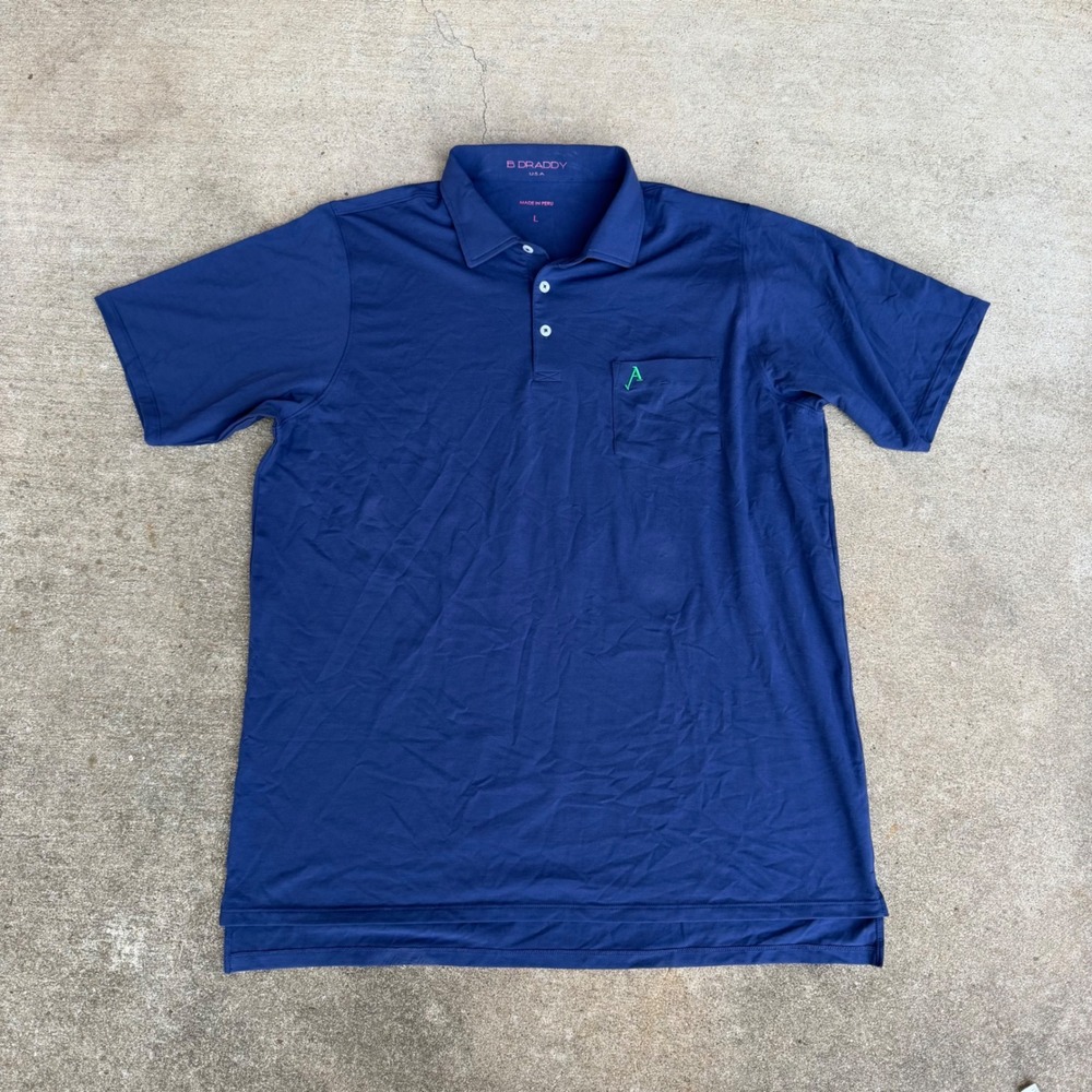 B. Draddy Mens Navy Blue Short Sleeve Pocket Polo Shirt Size L Made in Peru